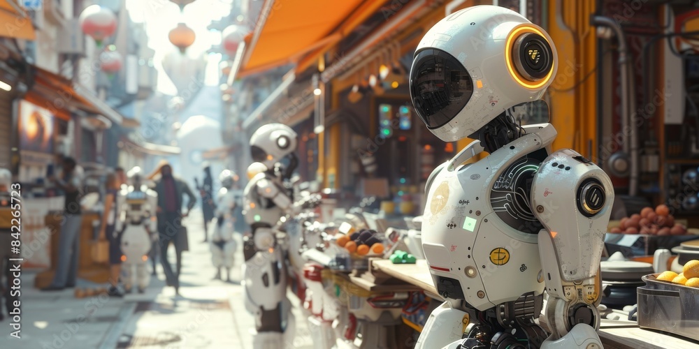 Fototapeta premium Collaborative endeavors between advanced robots and humans in a futuristic landscape. Technological collaboration concept