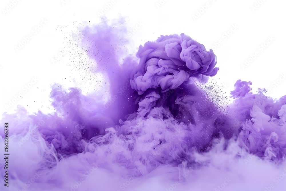 Fototapeta premium Explosion of purple smoke powder isolated on a white backdrop. Generative Ai
