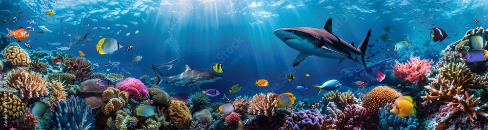 Fototapeta premium Vibrant coral reef teeming with colorful fish and large sea creatures. Underwater biodiversity concept
