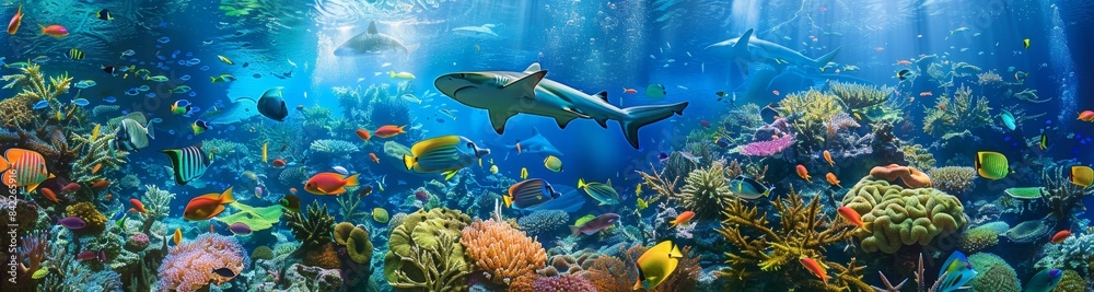 Fototapeta premium Vibrant coral reef teeming with colorful fish and large sea creatures. Underwater biodiversity concept