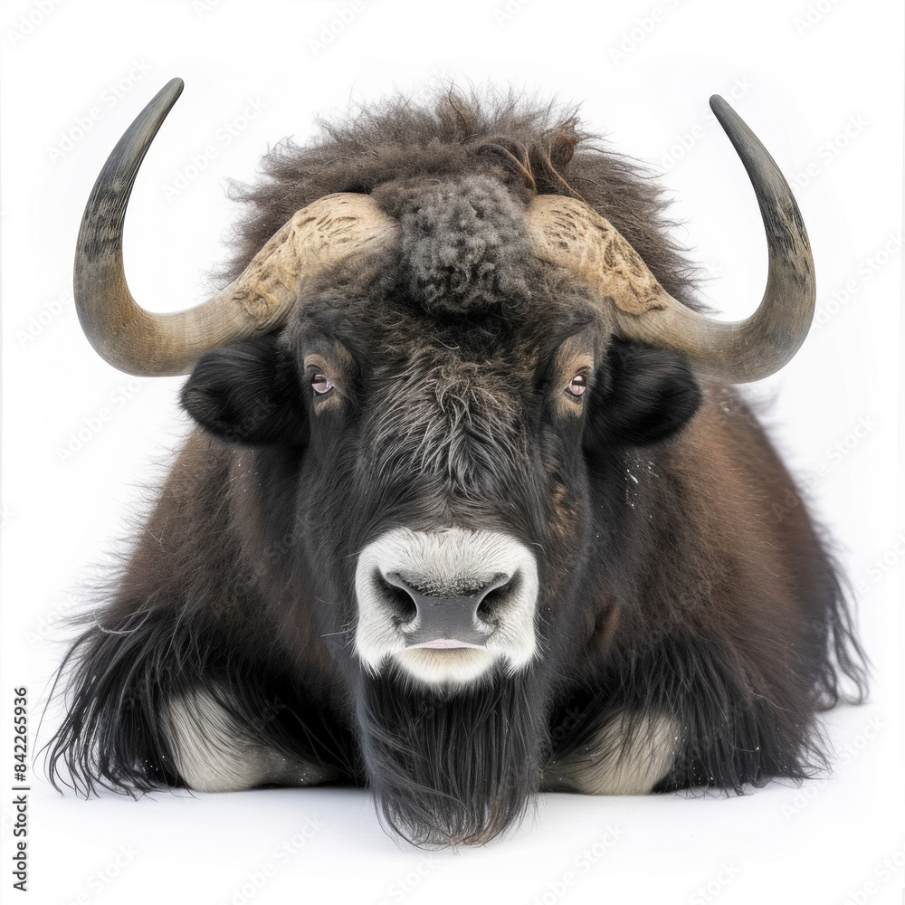 Intimidating close-up of a muskox, emphasizing its powerful build and textured coat, symbolizing endurance and strength. Intimidating close-up of a muskox, emphasizing its powerful build and textured coat, symbolizing endurance and strength.