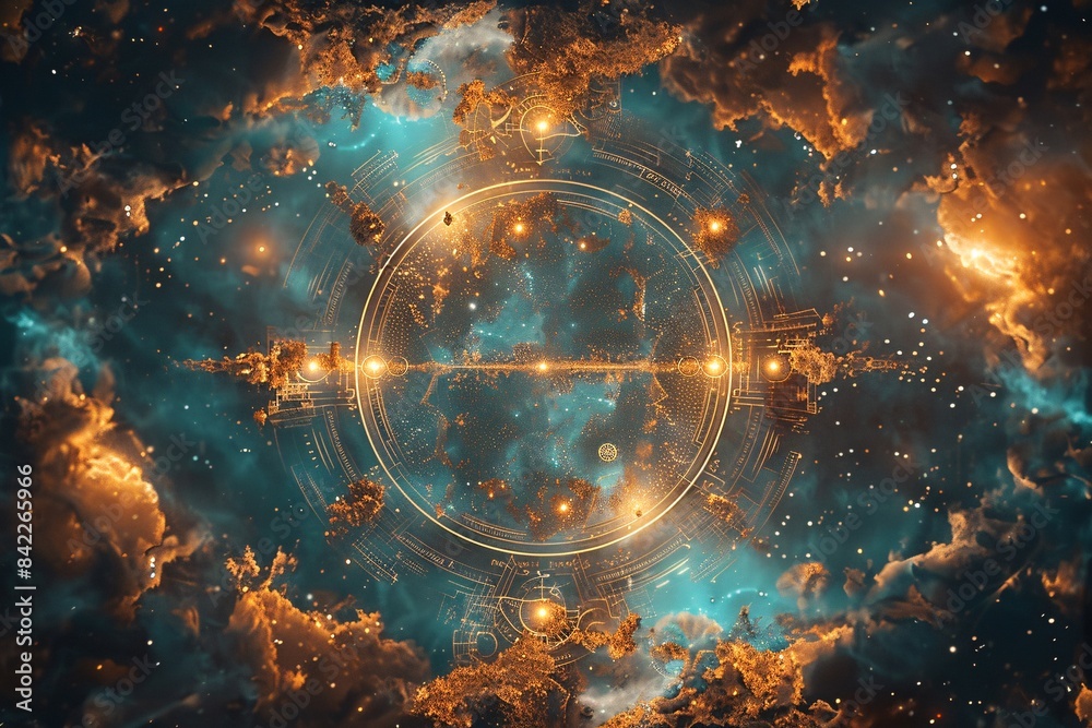 Zodiac symbols in a cosmic background with a blank area for text in an editorial layout