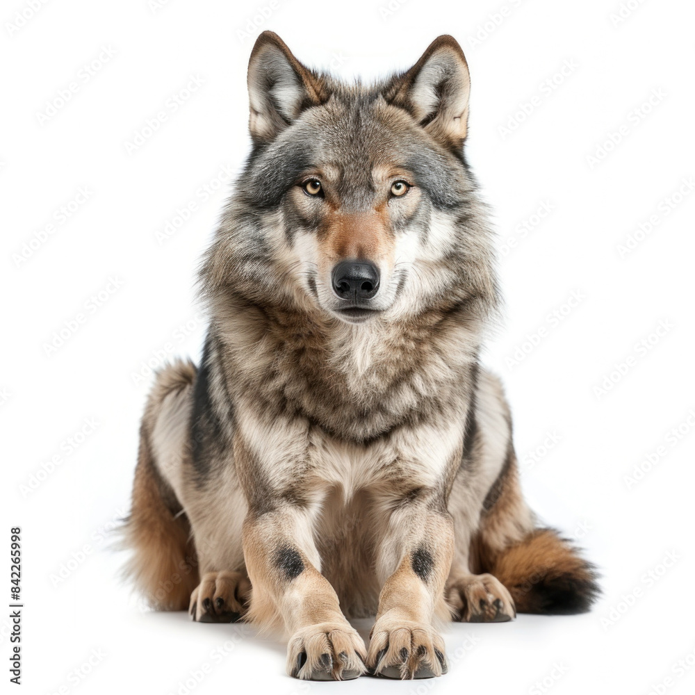Commanding portrait of a wolf seated with a penetrating gaze, highlighting its powerful presence and keen alertness.