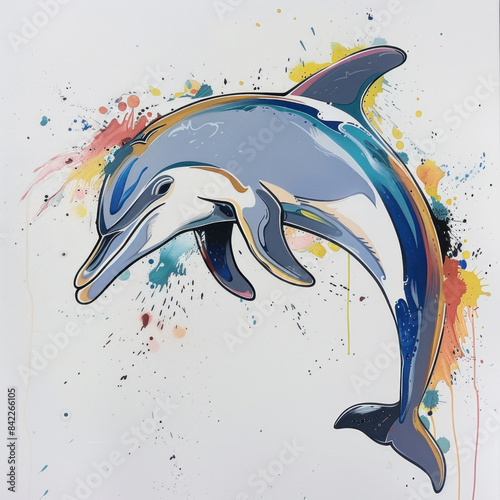 Colorful and vibrant artwork of a dolphin, splashed with a spectrum of colors, reflecting joy and creativity in marine art. photo