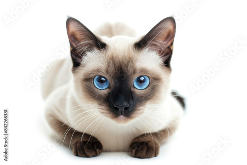 Striking close-up of a Siamese cat with vivid blue eyes and a creamy coat, exuding curiosity and a mystical aura. © kristina