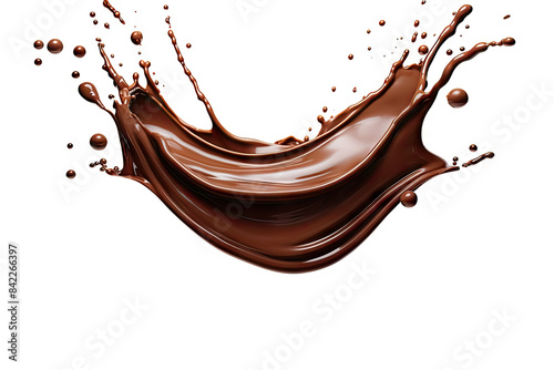 A mesmerizing capture of a dynamic chocolate splash, depicting droplets and a wave in mid-air, symbolizing indulgence and flavor.