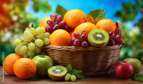 Basket with berries fruits and citrus fruits on a bright background