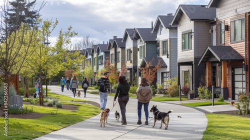 Vibrant Community Life: Families Walking Dogs in the Pet-Friendly Atmosphere of a New Neighborhood