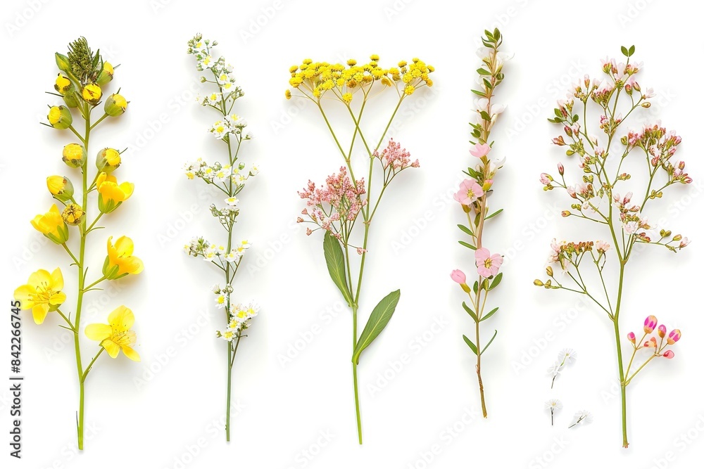 Obraz premium A collection of tiny sprigs of yellow Berberis flowers on a lonely backdrop. Generative Ai