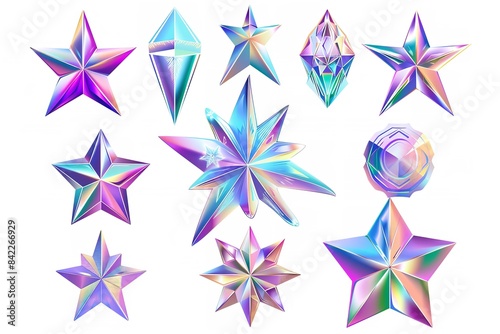 Collection of various holographic star forms for every shimmer.  Generative Ai