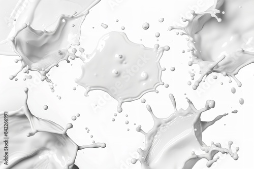 A collection of isolated white milk splashes on a white background. Generative Ai