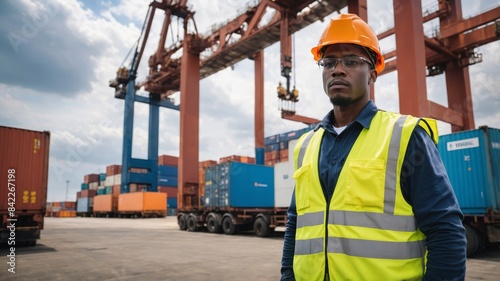 Black African American worker in vest standing confidently at bustling freight port safety first