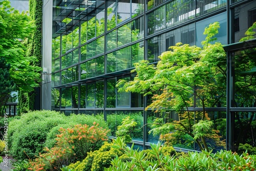 A contemporary glass building in the architecture image with green plants tree. Generative Ai © MinixT