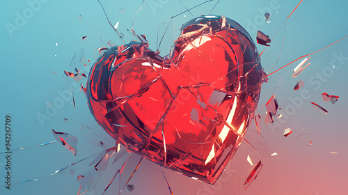 3d illustration of cute kawaii red heart broken glass simple background