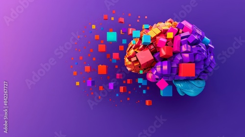 Network of interconnected, colorful boxes forming the shape of a human brain on a rich purple background. Illustrates the complexity and beauty of neural connections and symbolizes 