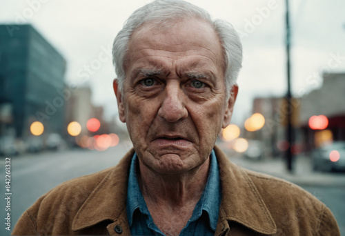 Elderly Russian or Caucasian man, grey hair, shocked, disgusted, angry expression, city street, cloudy day, society brutalization, pensioner