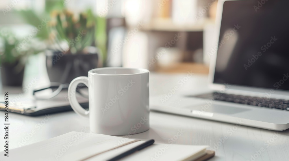 Minimalist workspace with coffee mug, laptop, and notebook. Minimalist workspace with coffee mug, laptop, and notebook.