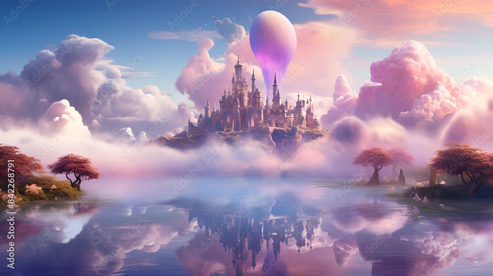 Enchanting castle beneath a floating balloon in the sky Enchanting castle beneath a floating balloon in the sky