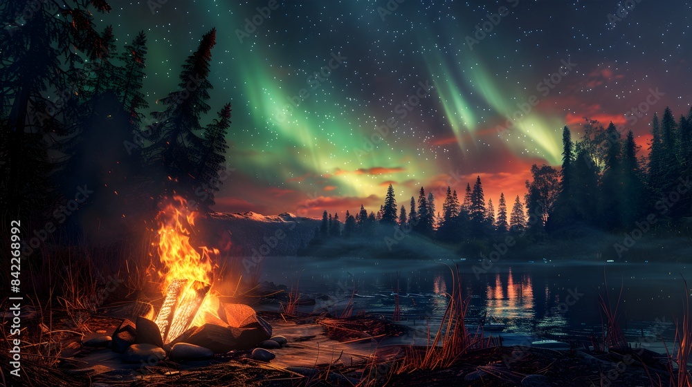 Camp fire in wilderness forest night on Aurora borealis, northern lights over bonfire in winter forest background. Camp fire in wilderness forest night on Aurora borealis, northern lights over bonfire in winter forest background.