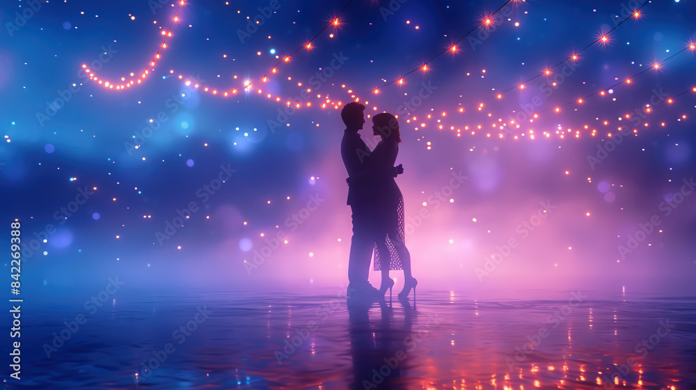 Fototapeta premium A couple dancing under a starry sky with string lights, set against a soft pastel blue and purple background