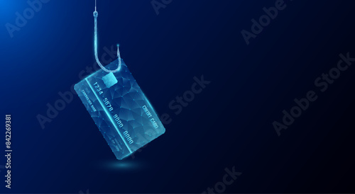 Credit card on fishing hook in transparent form polygon. Money trap as bait. Business metaphor. About debt and making unrealistic profits investment finance. Banner vector with copy space for text.