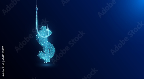 Money trap as bait. Dollar shapes polygon on the fishing hook with copy space for text. Business metaphor. About debt and making unrealistic profits. Investment finance concept. 3D vector.
