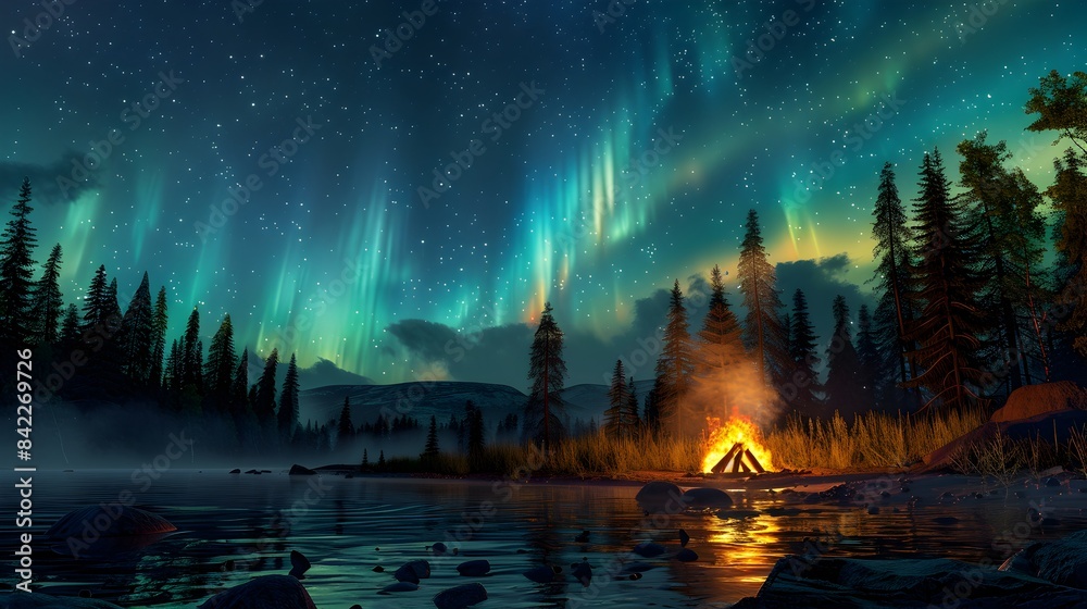 Fototapeta premium Camp fire in wilderness forest night on Aurora borealis, northern lights over bonfire in winter forest background.