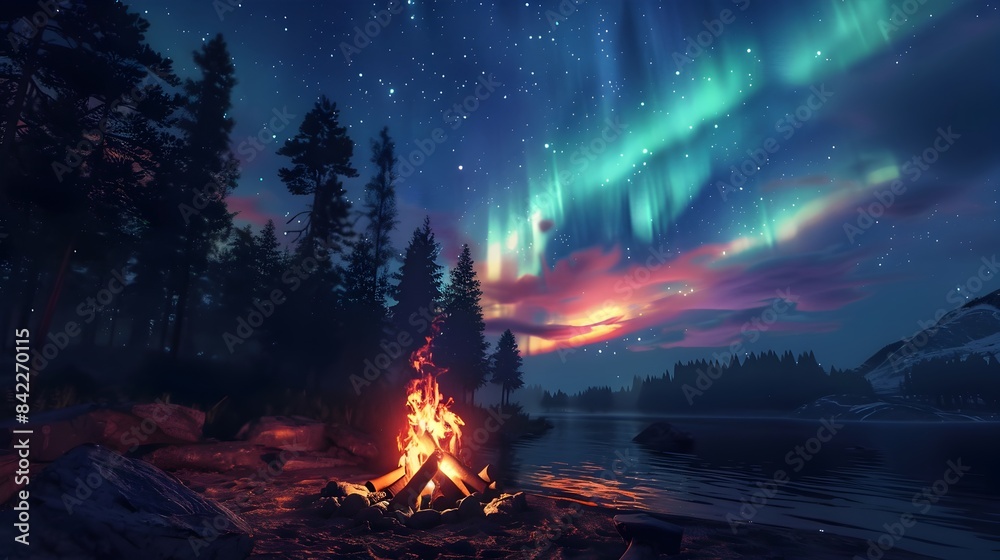 Camp fire in wilderness forest night on Aurora borealis, northern lights over bonfire in winter forest background. Camp fire in wilderness forest night on Aurora borealis, northern lights over bonfire in winter forest background.