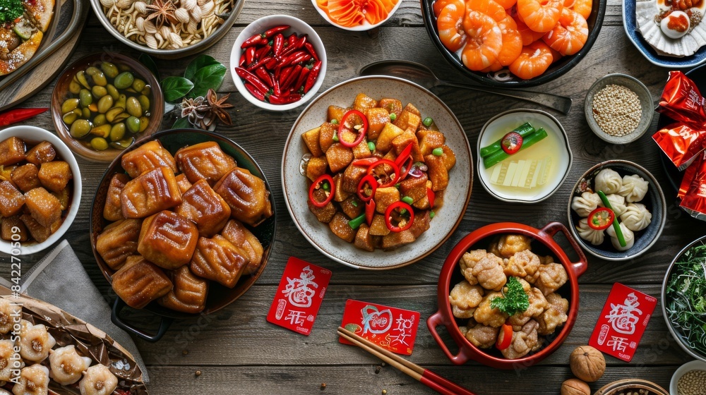Feast for the Lunar New Year, Traditional dishes and red envelopes. Feast for the Lunar New Year, Traditional dishes and red envelopes.