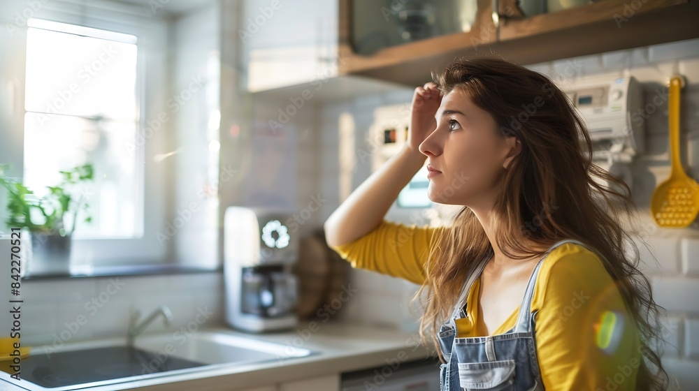 Worried Woman Looking At Smart Meter In Kitchen At Home During Cost Of Living Energy Crisis : Generative AI Worried Woman Looking At Smart Meter In Kitchen At Home During Cost Of Living Energy Crisis : Generative AI