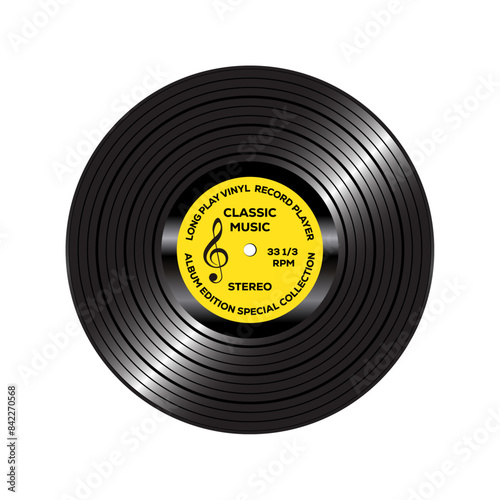 Long play vynil record with yellow paper label isolated on white background.	