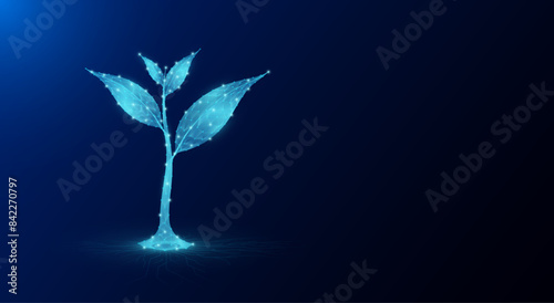 Seedling growing form polygon fertile ground on electronic circuit board. Agriculture environment concept. Use ad the agricultural industry. Banner with copy space for text. Vector EPS10.
