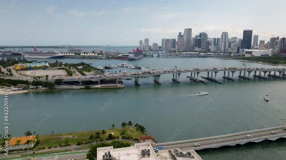 Drone shot of boats in middle of the bridges, in downtown Miami sunny Florida Drone shot of boats in middle of the bridges, in downtown Miami sunny Florida