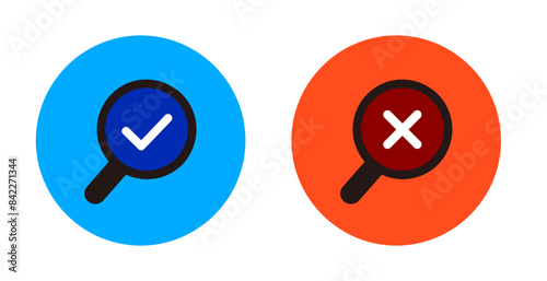 round magnifying glass icon with blue check mark and red cross mark symbol inspection sign examination png certificate vector verified analyze svg photo