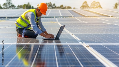 Wallpaper Mural Specialist technician professional engineer with laptop and tablet maintenance checking installing solar roof panel on the factory rooftop under sunlight Engineers team survey check so : Generative AI Torontodigital.ca