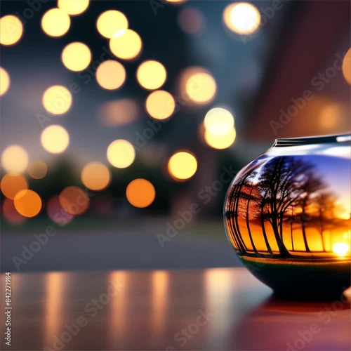 glass ball globe on the table against dark background with light bokeh