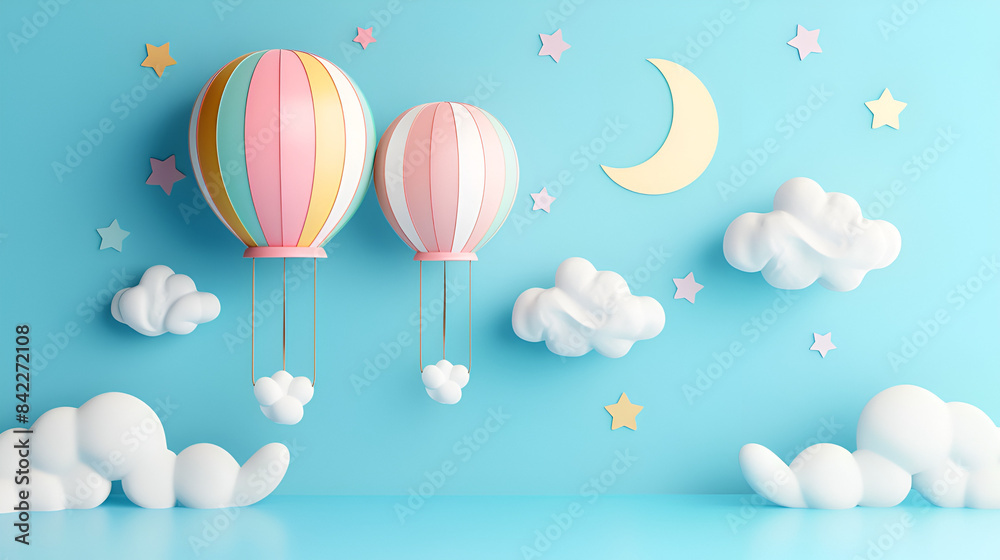 3d Eid balloons with clouds on sky blue background 3d Eid balloons with clouds on sky blue background