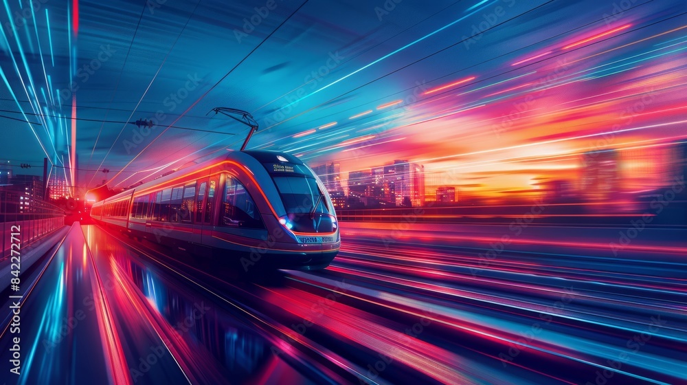 High-speed train in a vibrant futuristic city High-speed train in a vibrant futuristic city