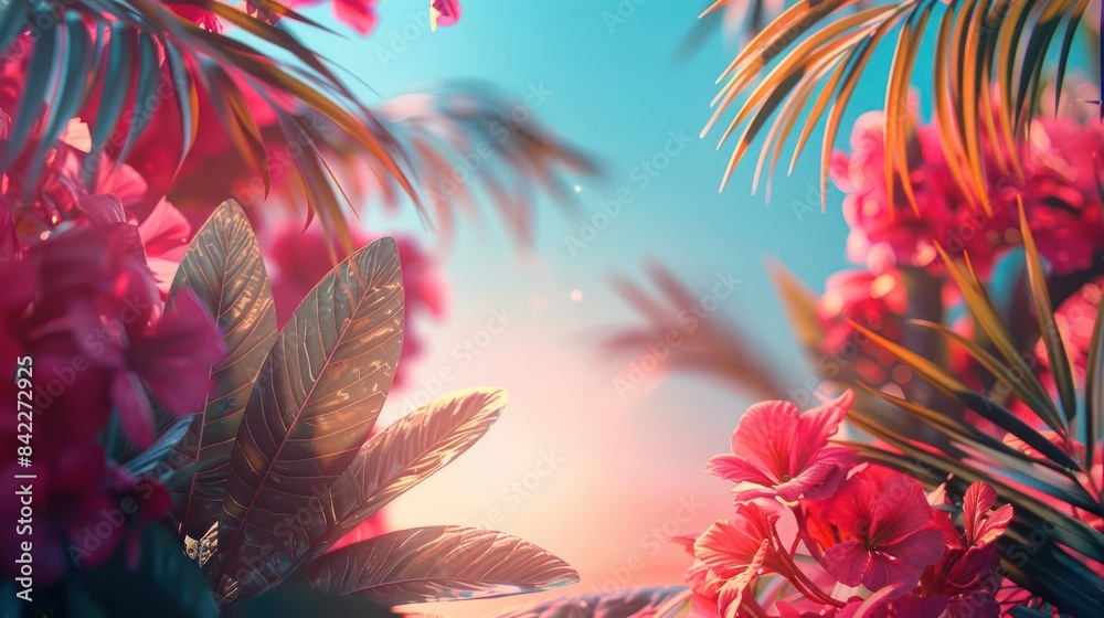 Tropical Floral Harmony, Palm Tree Surrounded by Red and Pink Blossoms Tropical Floral Harmony, Palm Tree Surrounded by Red and Pink Blossoms