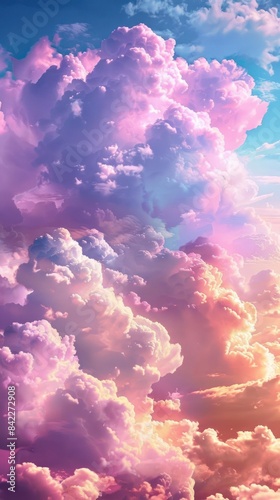 Tranquil Skies, A Spectrum of Ethereal Cloud Formations in Pink, Purple, Blue, and White Against a Muted Gray Backdrop