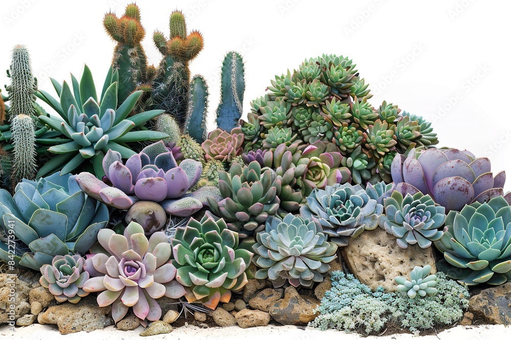 Fototapeta premium Designing a succulent bed for xeriscaping and combining variables isolate on white background. Generative Ai