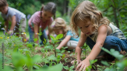 Outdoor education scene with children exploring nature and hands-on learning