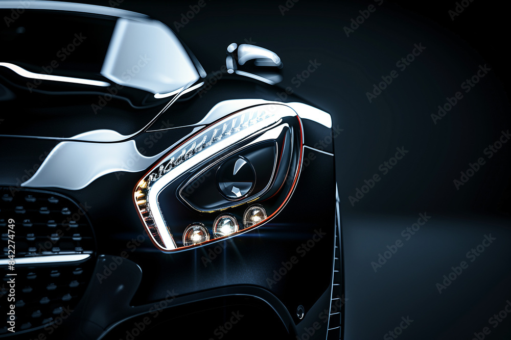 Fototapeta premium Shiny black sports car with headlight on dark background