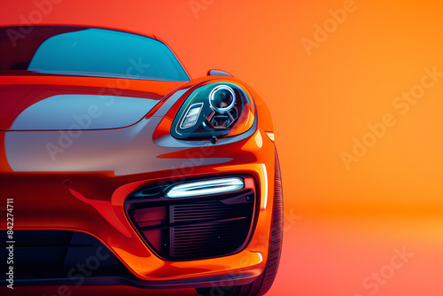 Shiny orange sports car with headlight on clean background