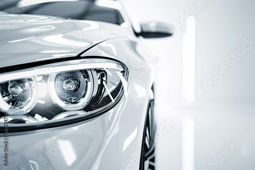 Shiny white sports car with headlight on white background
