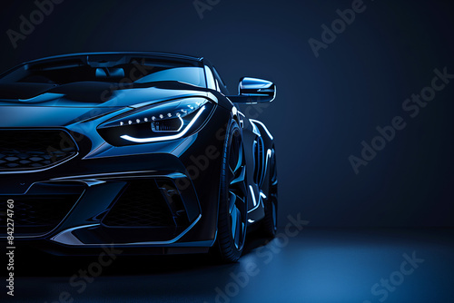 Shiny dark blue sports car with headlight on dark background