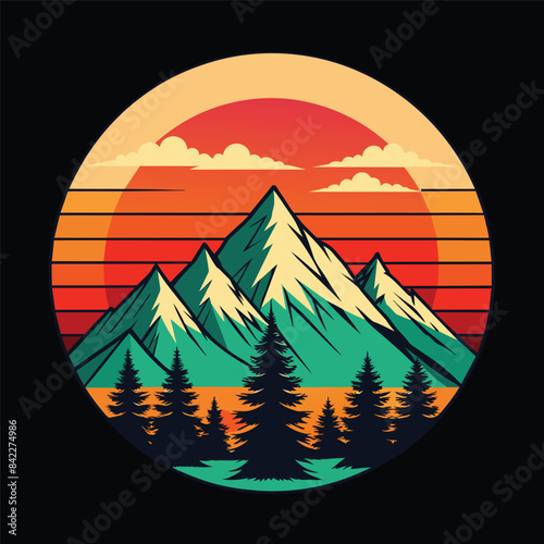 mountain and forest illustration with retro style for t-shirt design