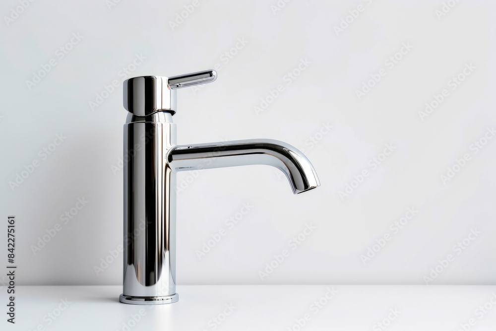 Chrome faucet on white counter top with white background. Chrome faucet on white counter top with white background.