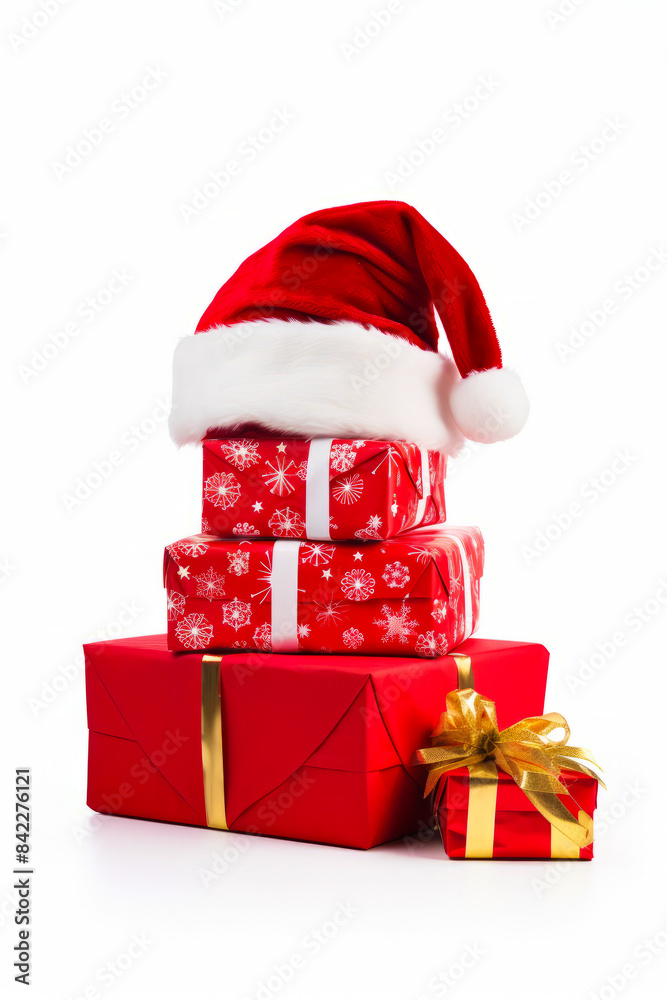 Stack of presents with santa hat on top of them. Stack of presents with santa hat on top of them.