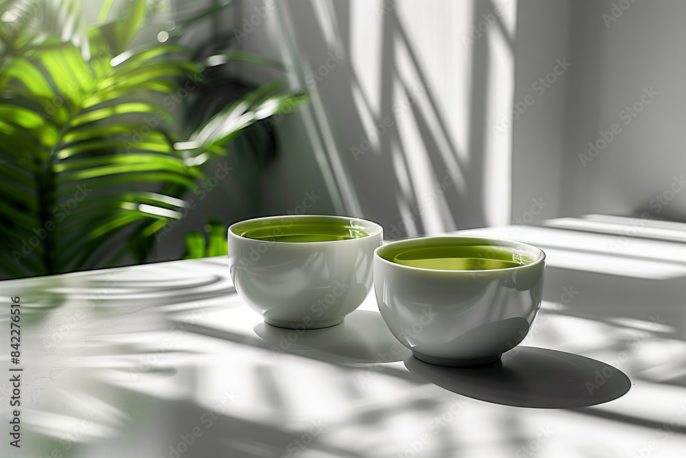 Minimalistic Green Tea Cups with Shadows on White Table Minimalistic Green Tea Cups with Shadows on White Table